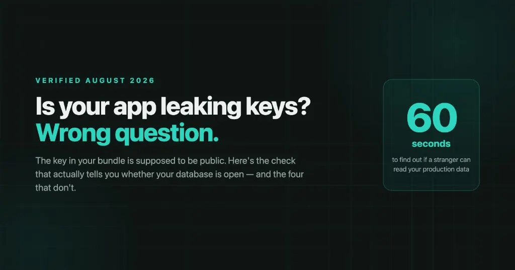 Is your app leaking keys? Wrong question. 60 seconds to find out if a stranger can read your production data — verified August 2026