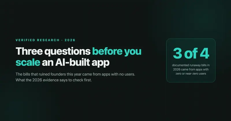 Three questions before you scale an AI-built app — three of four documented runaway bills in 2026 came from apps with zero or near-zero users