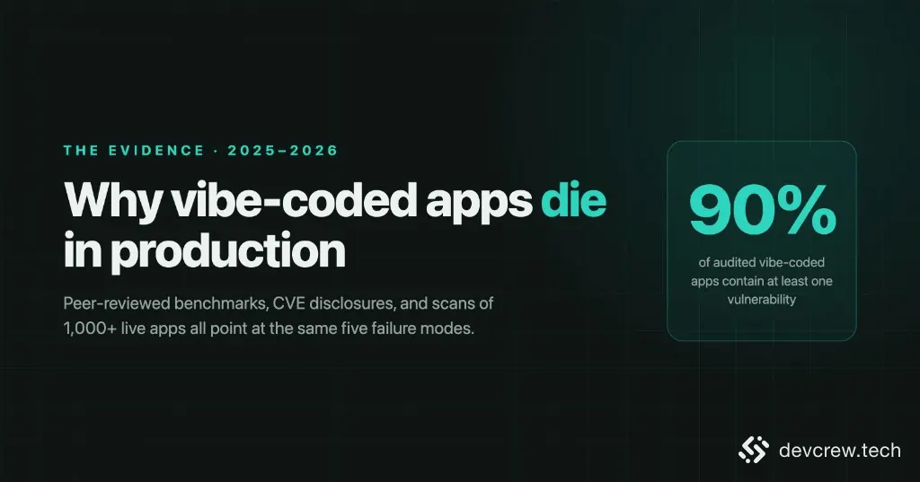 Infographic: 90% of audited vibe-coded apps contain at least one vulnerability — evidence from 2025-2026 peer-reviewed studies, CVE disclosures, and live-app scans