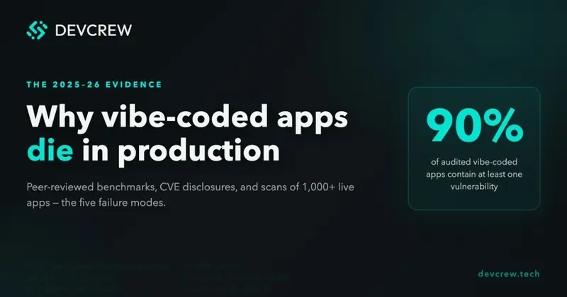 Infographic: 90% of audited vibe-coded apps contain at least one vulnerability — evidence from 2025-2026 peer-reviewed studies, CVE disclosures, and live-app scans